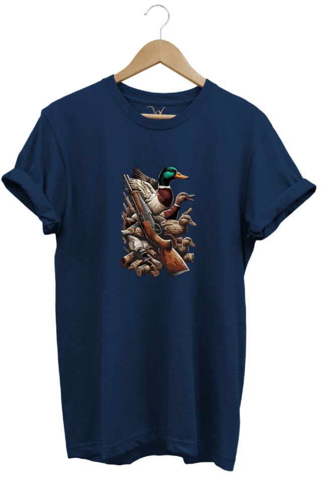 Widi Hunting Avcılık Baskılı Ördek Avı ve Tüfek Baskılı %100 Pamuk Regular Fit Bisiklet Yaka T-Shirt Lacivert - S
