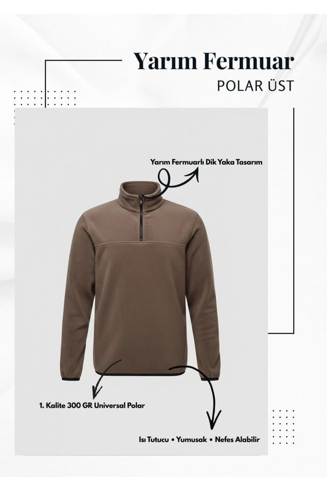 Avcılık Unisex Yarım Fermuar Balıkçı Yaka Outdoor & Günlük Kışlık Polar Sweatshirt