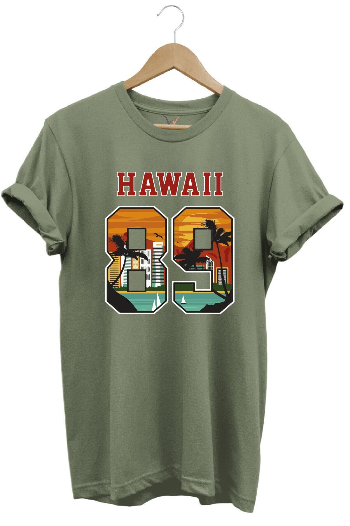 Hawaii 89 Gün Batımı Palmiye ve Yelkenli Baskılı %100 Pamuk Unisex Regular Fit Tişört Haki - L
