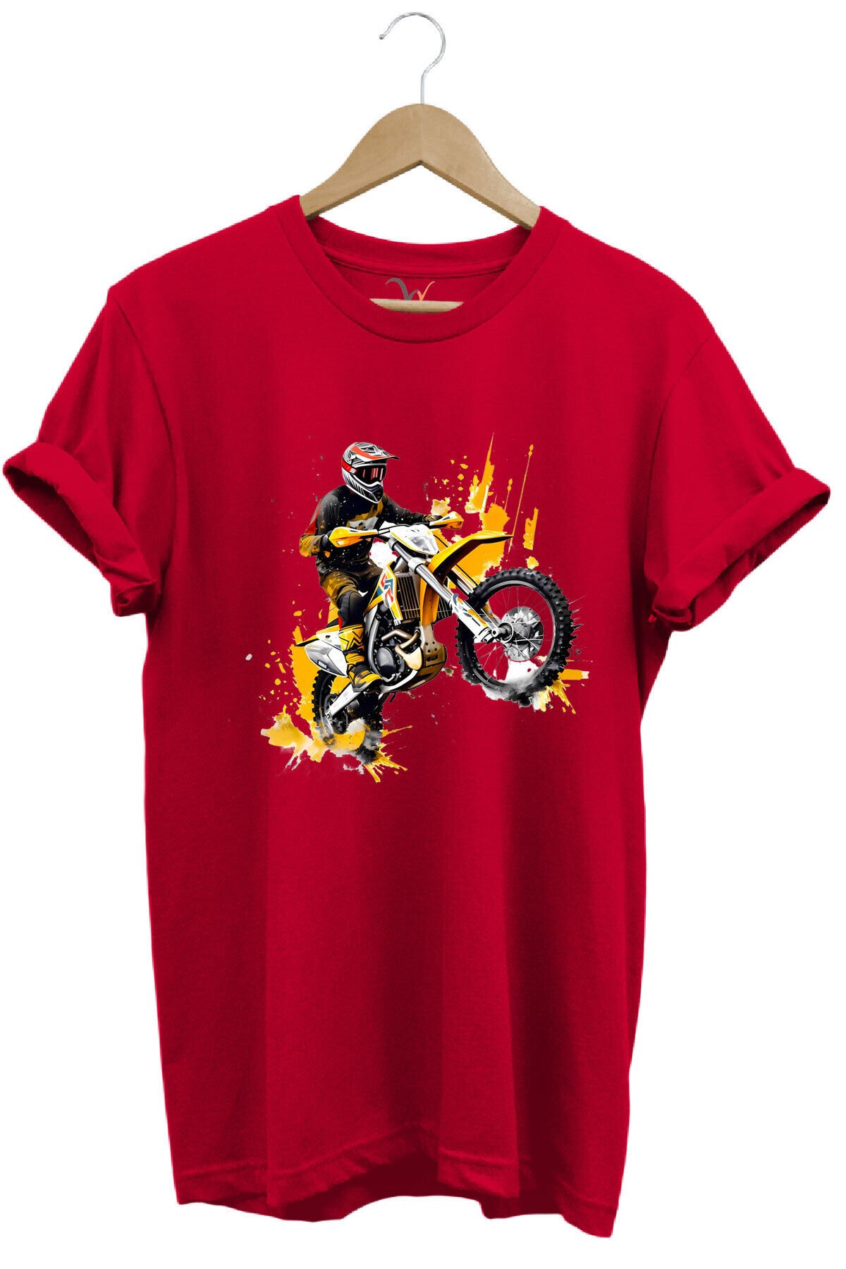 Motorcu Cross Motosiklet Baskılı Ön Kaldıran Motorcu %100 Pamuk Regular Fit Bisiklet Yaka T-Shirt Kırmızı - S