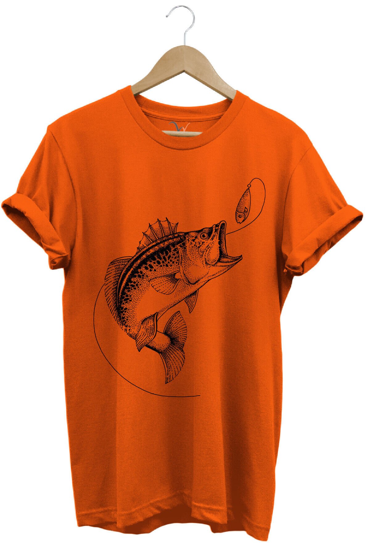 Fishing Balıkçılık Baskılı Yem Balıkçılığı Olta %100 Pamuk Bisiklet Yaka Turuncu T-shirt Turuncu - S