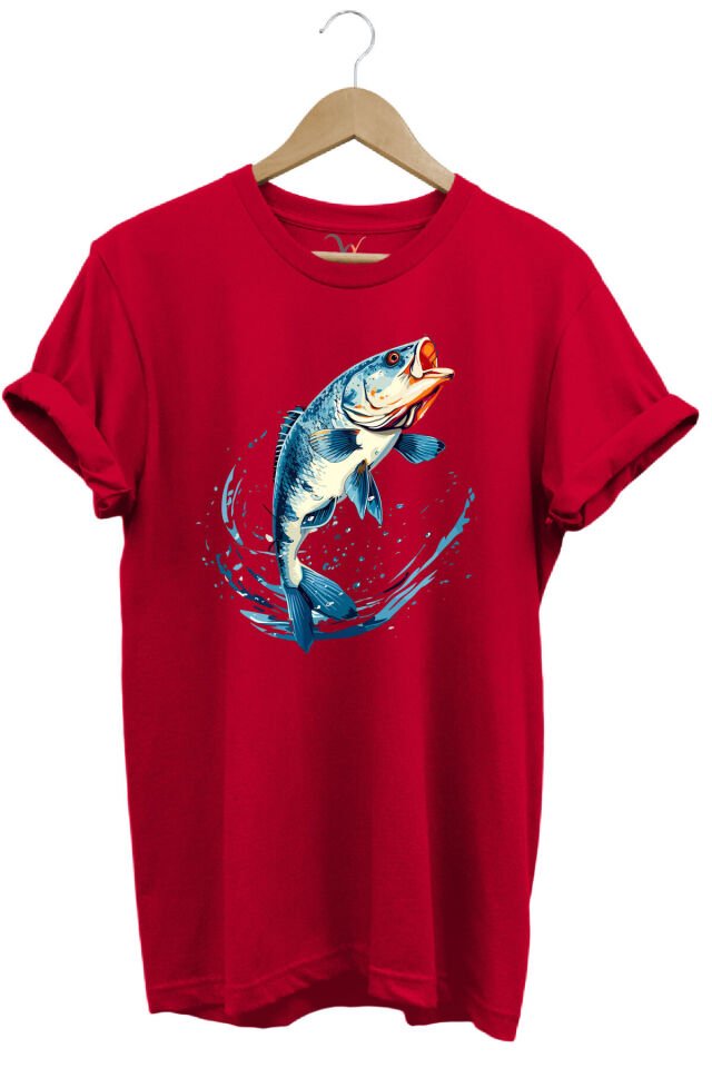 Balıkçılık Levrek Balığı Baskılı Renkli Tasarım %100 Pamuk Regular Fit Bisiklet Yaka Kırmızı T-shirt