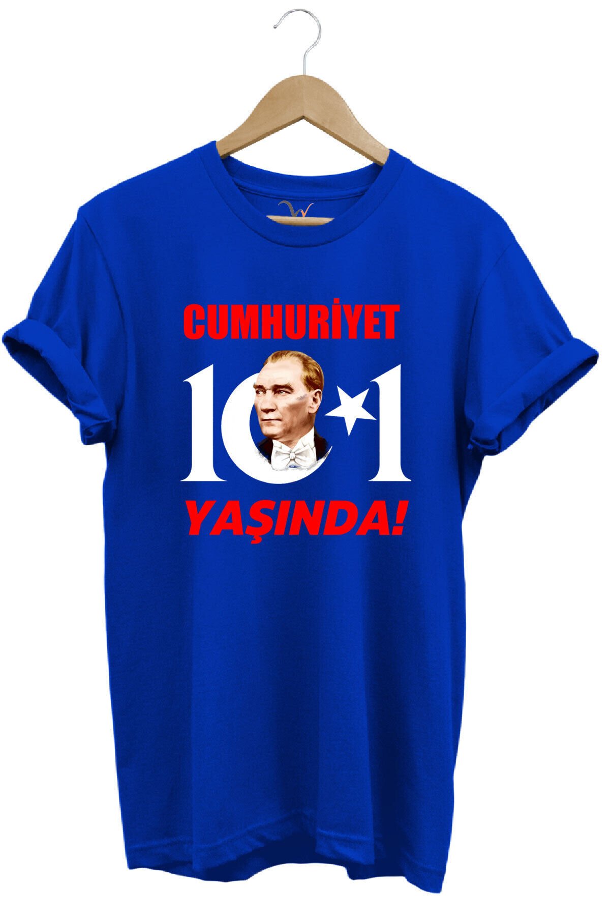 29 Ekim Cumhuriyet Bayramı Atatürk Ay Yıldız Baskılı Cumhuriyet 101 Yaşında Türkiye Turuncu T-shirt Saks Mavi - L