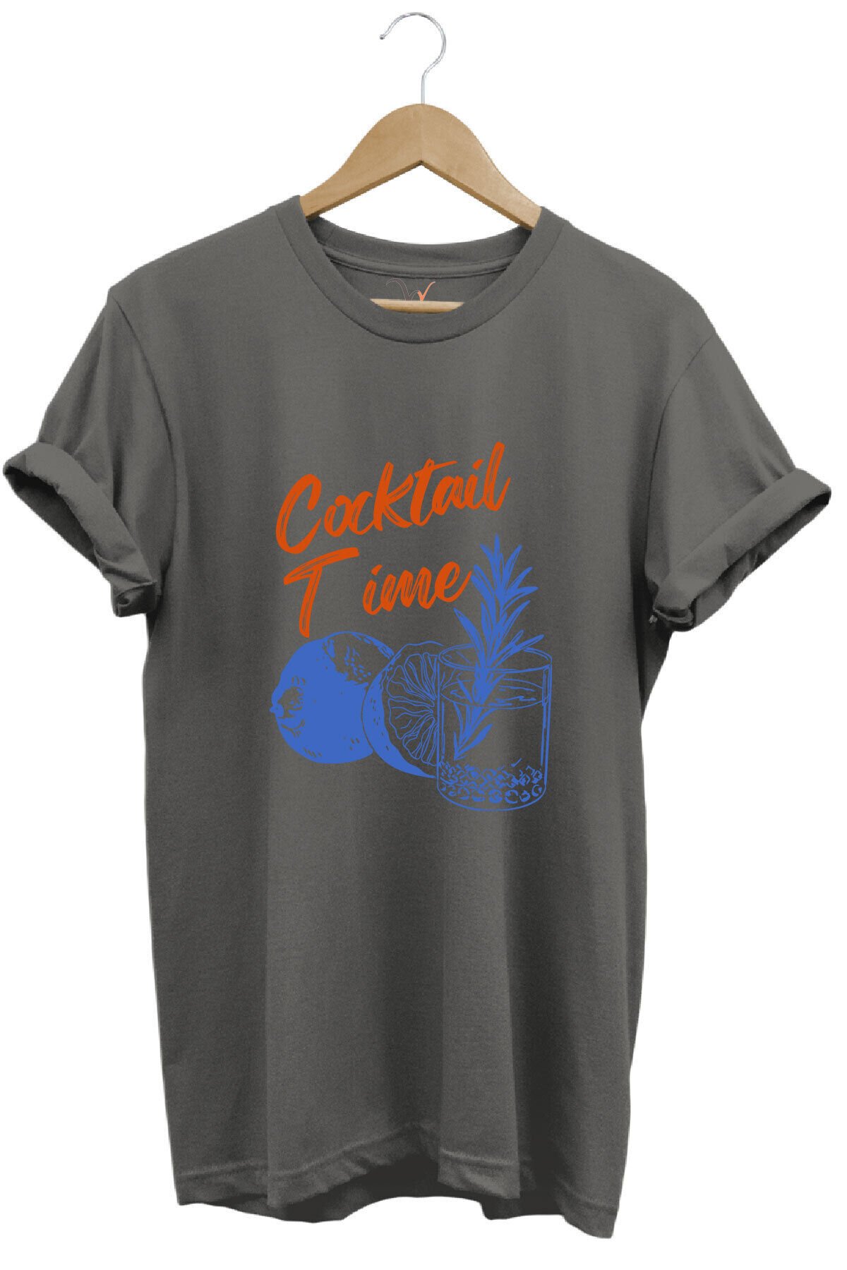 Cocktail Time Tasarım Baskılı Y2K Old Money %100 Pamuk Regular Fit Bisiklet Yaka Premium T-Shirt Gri - S