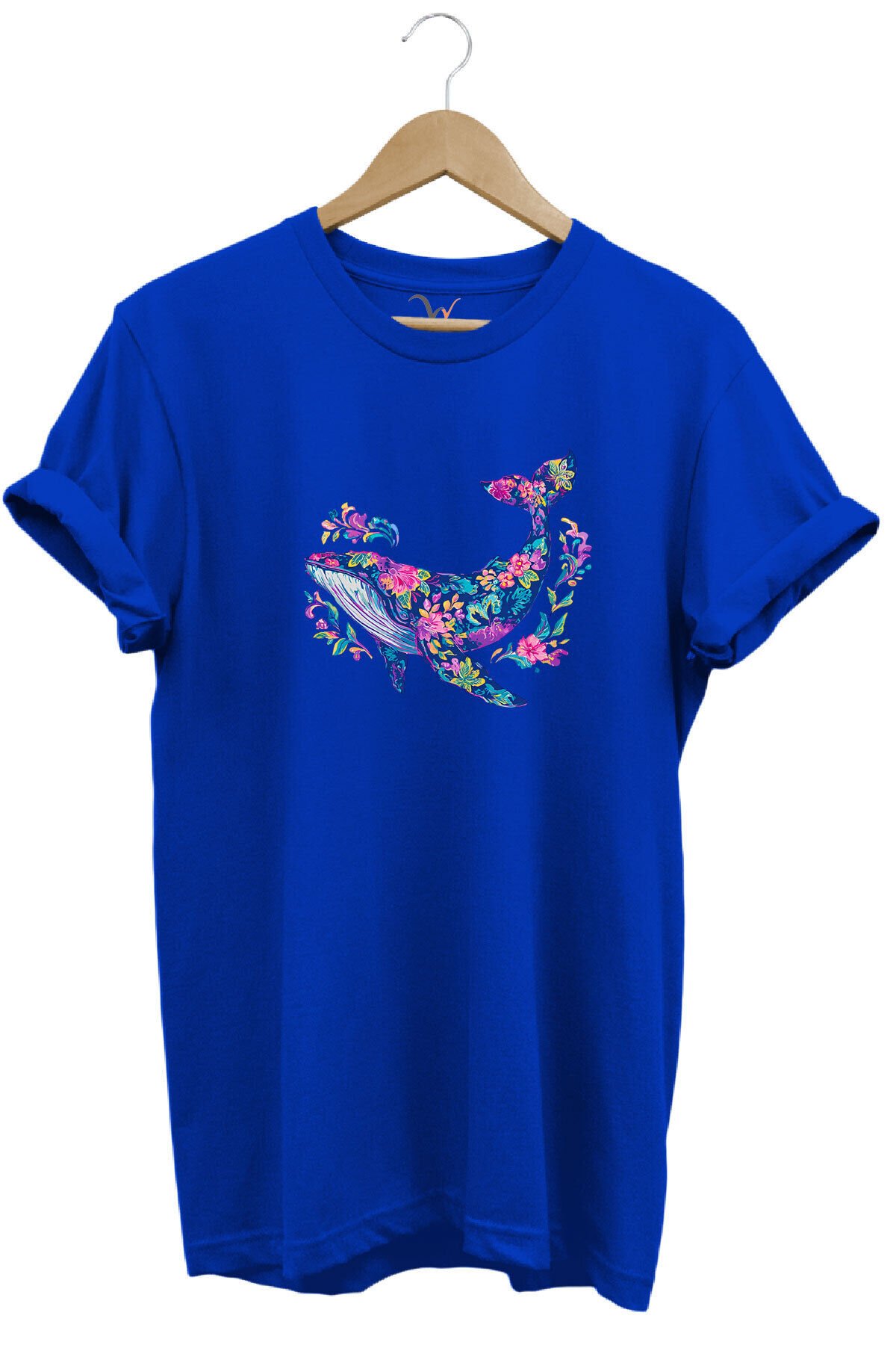 Renkli Balık Balina Desenli Baskılı %100 Pamuk Regular Fit Unisex T-Shirt Mavi - XL
