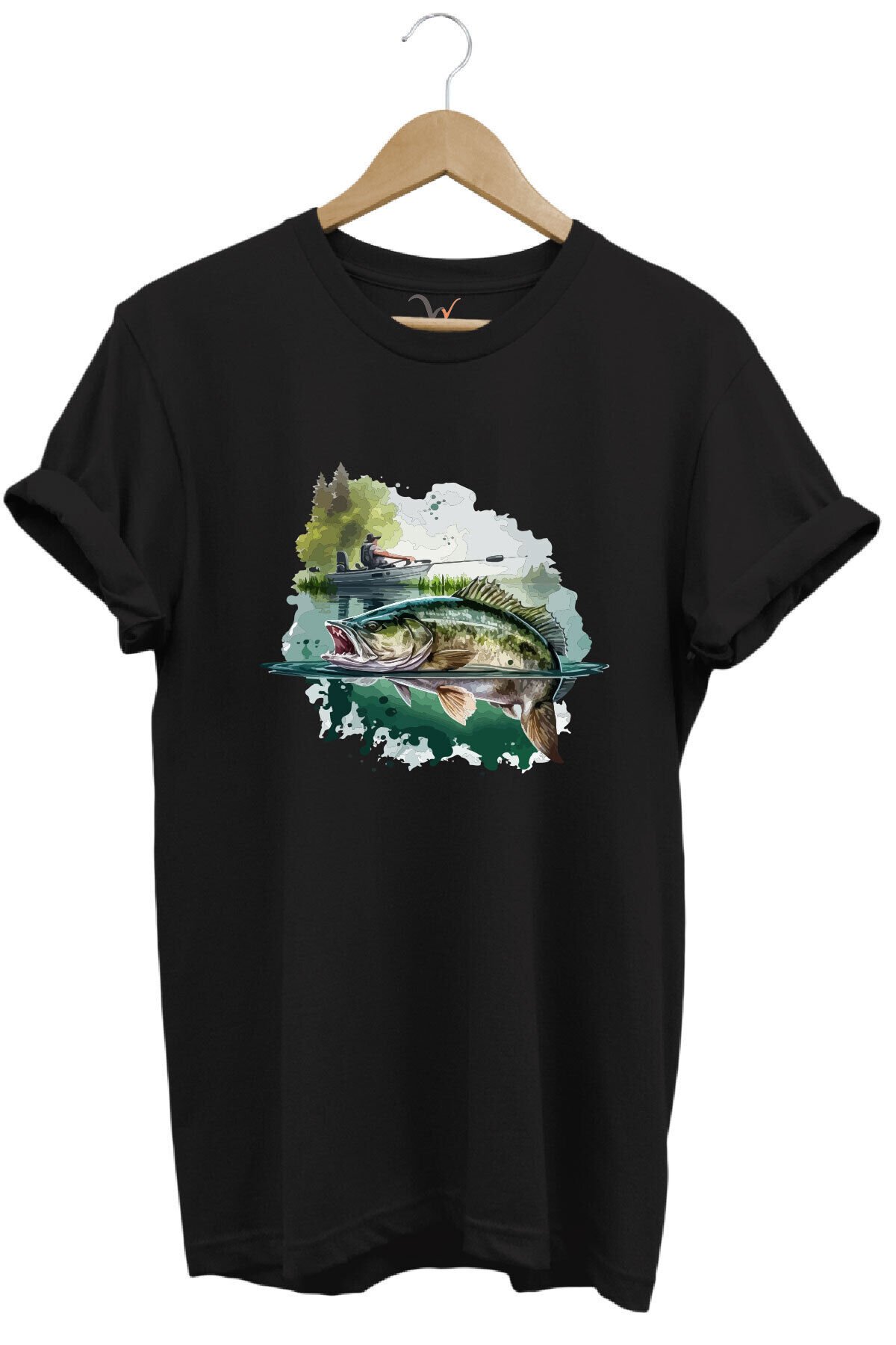 Balıkçılık Levrek Balığı Ve Teknede Olta Ile Balık Tutmak %100 Pamuk Regular Fit Siyah T-shirt