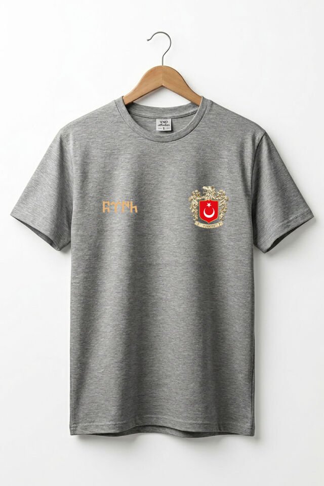 TÜRK Bozkurt Baskılı Bozkurt Sembolü TÜRKİYE ve TÜRK Bayrağı Kurt Regular Fit %100 Pamuk T-Shirt Gri Melanj - S