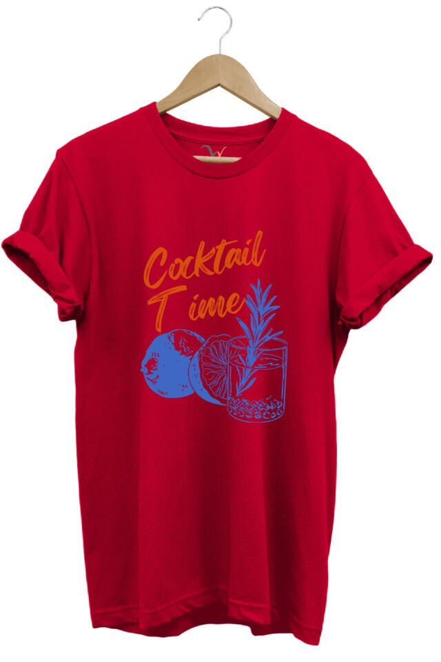 Cocktail Time Tasarım Baskılı Y2K Old Money %100 Pamuk Regular Fit Bisiklet Yaka Premium T-Shirt Kırmızı - XL