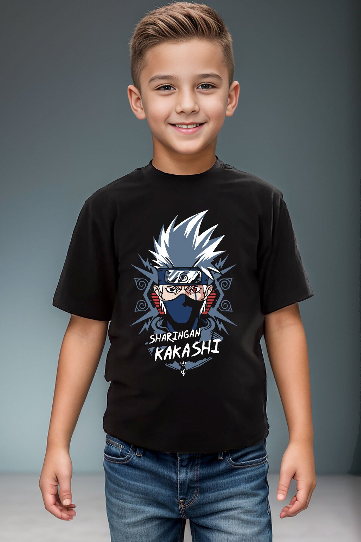 Anime Manga Kakashi Sharingan %100 Pamuk Erkek Çocuk Kız Çocuk Yüksek Kaliteli Premium Siyah T-shirt Siyah - 11-12 Yaş