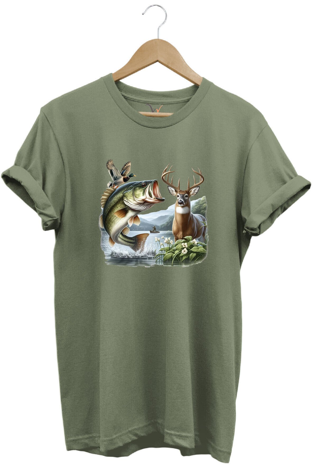 Balıkçılık ve Avcılık Temalı Geyik, Ördek ve Turna Balığı Baskılı %100 Pamuk Regular Fit T-Shirt Haki - 3XL
