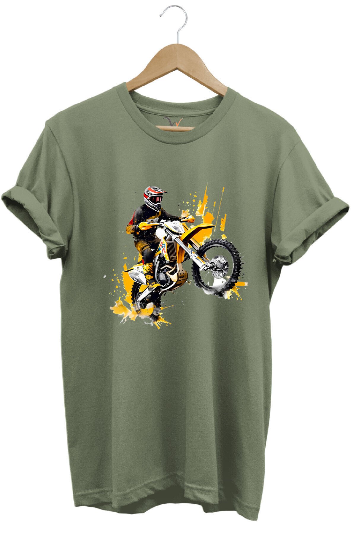 Motorcu Cross Motosiklet Baskılı Ön Kaldıran Motorcu %100 Pamuk Regular Fit Bisiklet Yaka T-Shirt Haki - 2XL