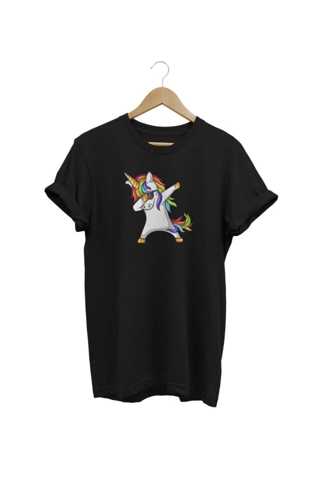 Unicorn Baskılı Siyah T-shirt