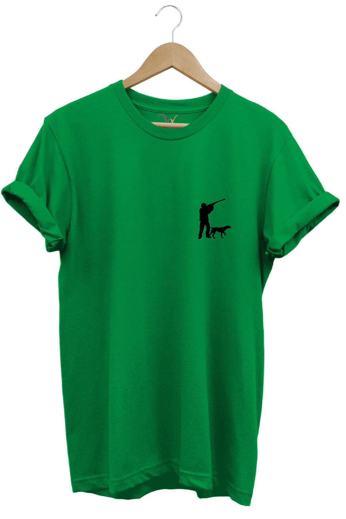 Hunting Avcılık Minimal Av Köpeği ve Avcı Baskılı %100 Pamuk Regular Fit Unisex T-Shirt Yeşil - M