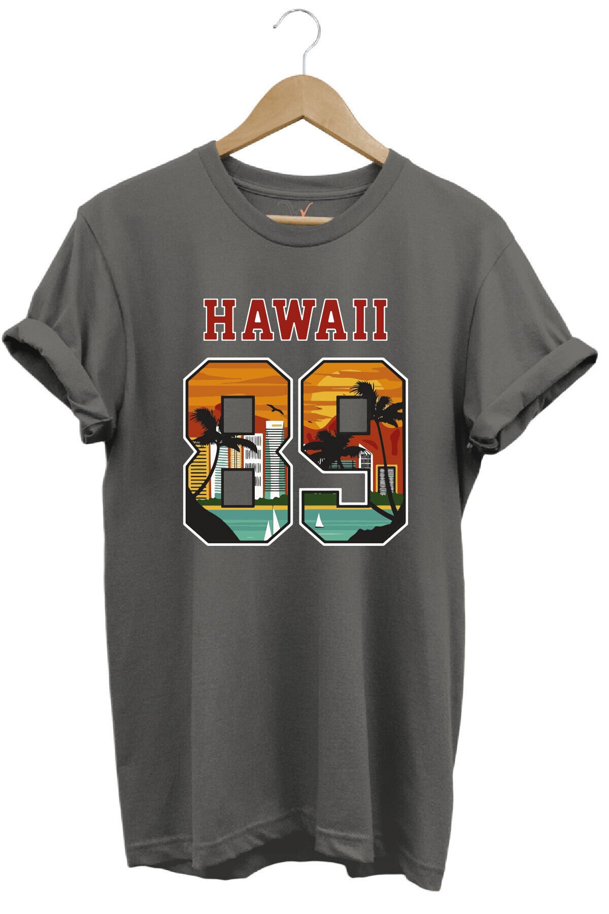 Hawaii 89 Gün Batımı Palmiye ve Yelkenli Baskılı %100 Pamuk Unisex Regular Fit Tişört Antrasit Gri - S