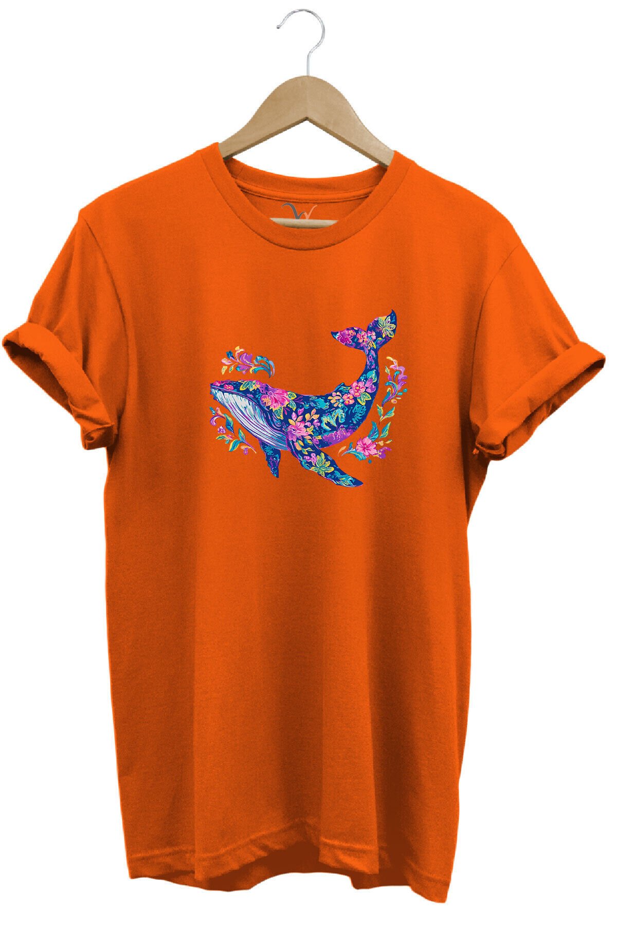 Renkli Balık Balina Desenli Baskılı %100 Pamuk Regular Fit Unisex T-Shirt Turuncu - XL