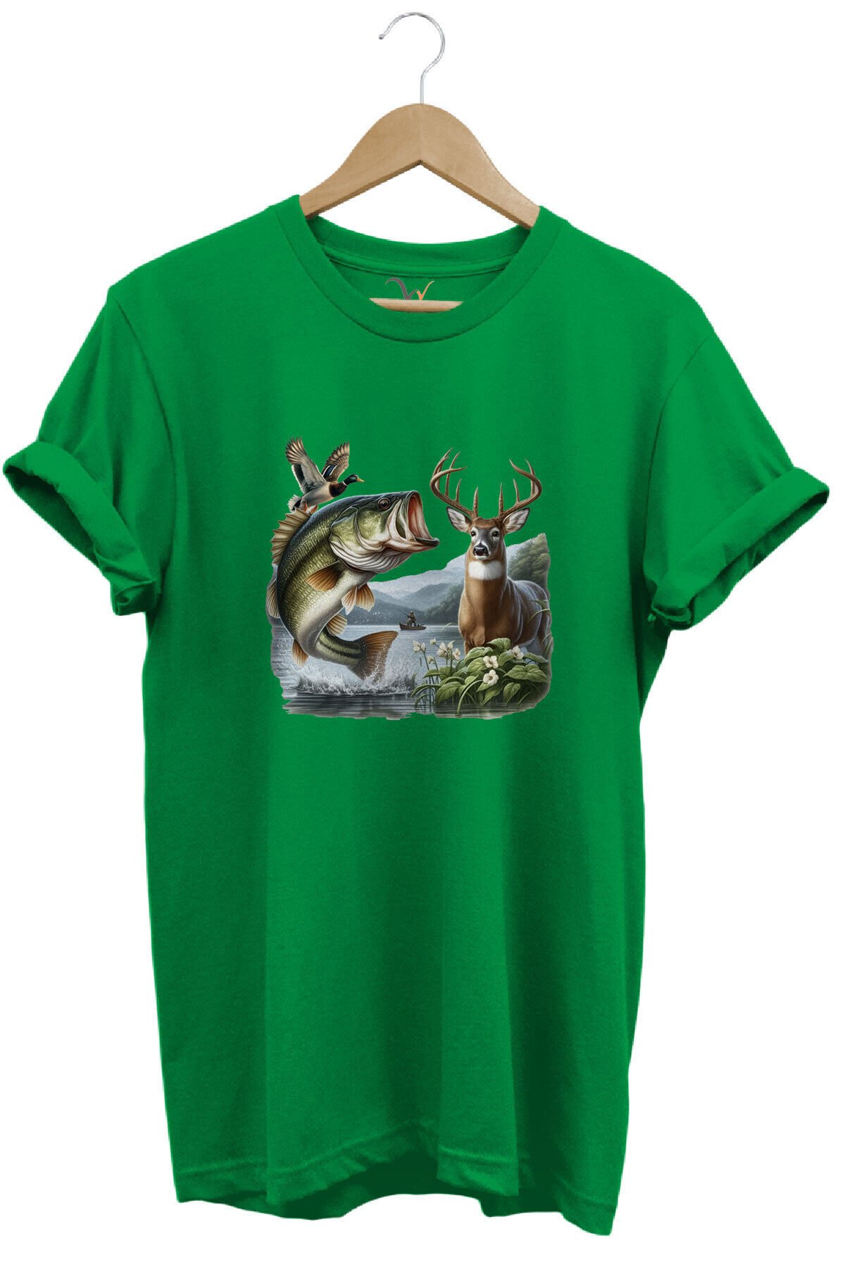 Balıkçılık ve Avcılık Temalı Geyik, Ördek ve Turna Balığı Baskılı %100 Pamuk Regular Fit T-Shirt Yeşil - XL