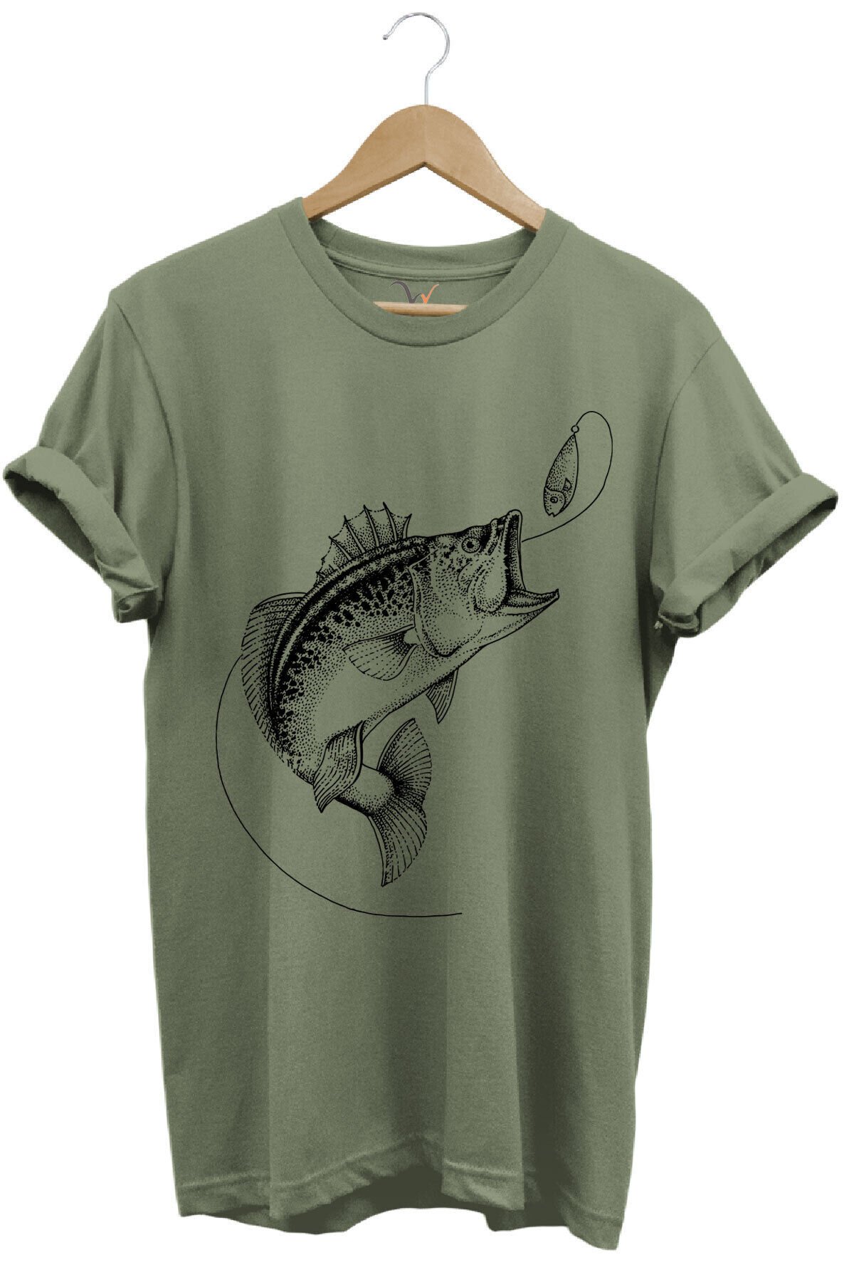 Fishing Balıkçılık Baskılı Yem Balıkçılığı Olta %100 Pamuk Bisiklet Yaka Turuncu T-shirt Haki - M