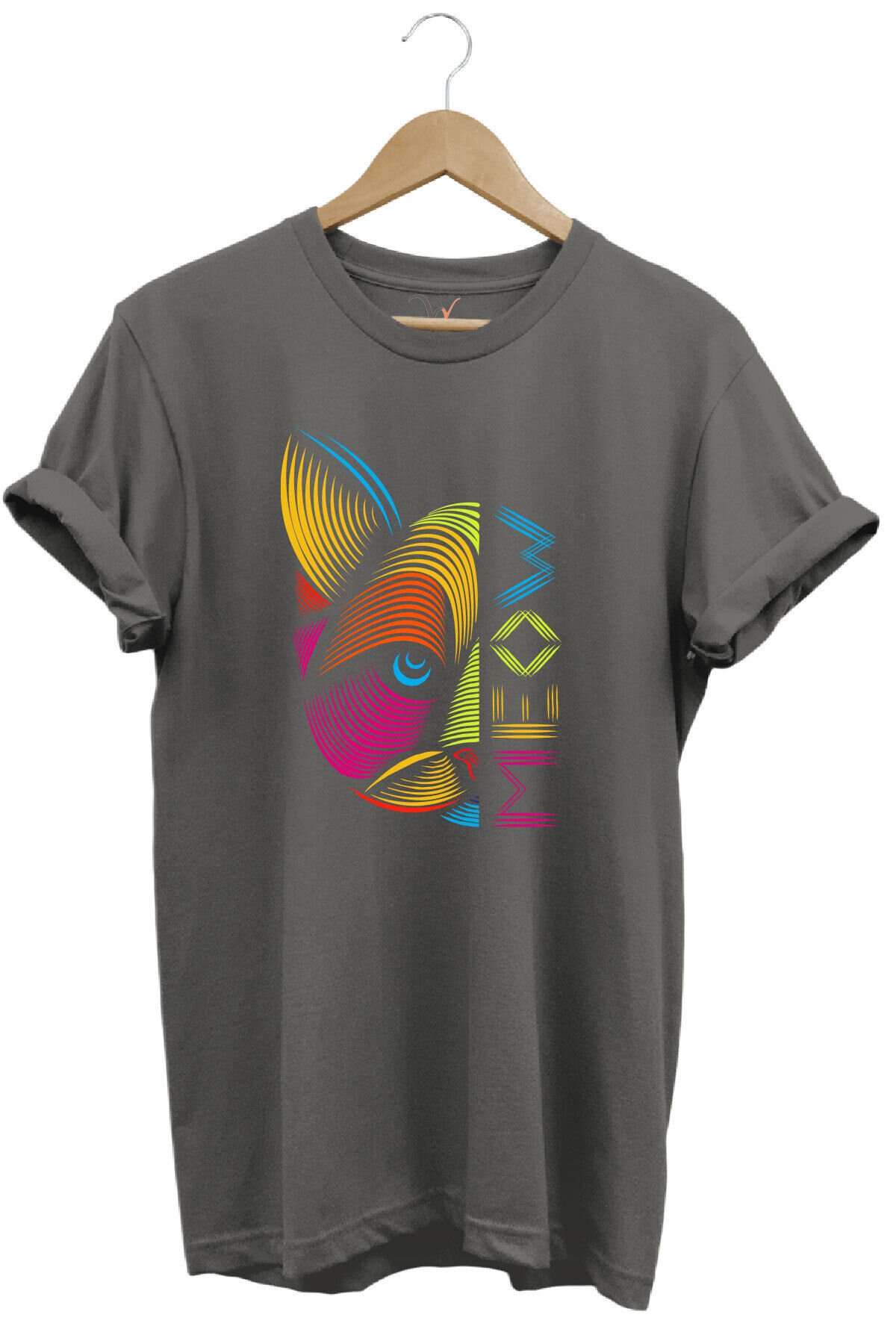MEOW Renkli Geometrik Kedi Baskılı %100 Pamuk Unisex Regular Fit T-Shirt Antrasit Gri - L