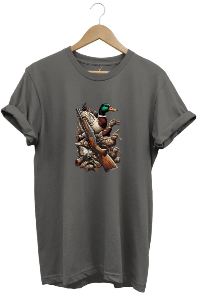 Widi Hunting Avcılık Baskılı Ördek Avı ve Tüfek Baskılı %100 Pamuk Regular Fit Bisiklet Yaka T-Shirt Gri - 2XL