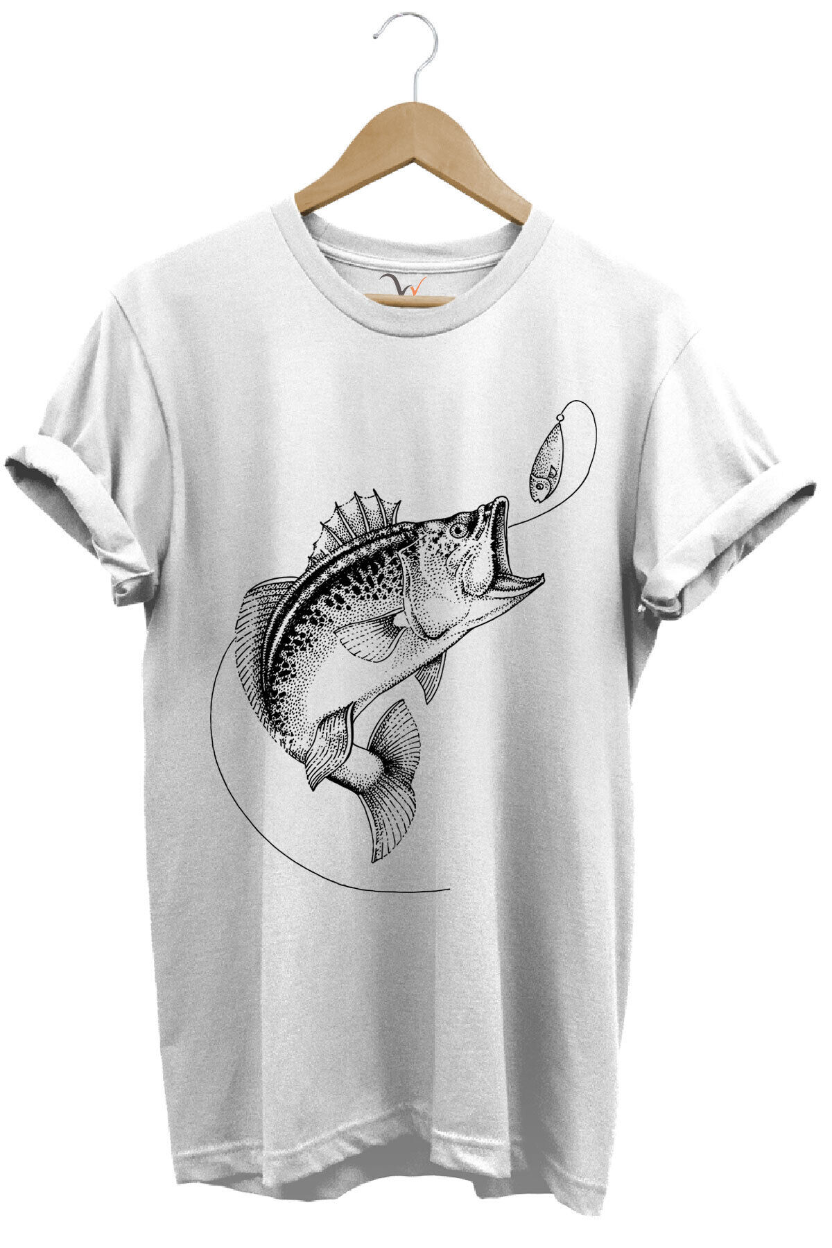 Fishing Balıkçılık Baskılı Yem Balıkçılığı Olta %100 Pamuk Bisiklet Yaka Turuncu T-shirt Beyaz - M