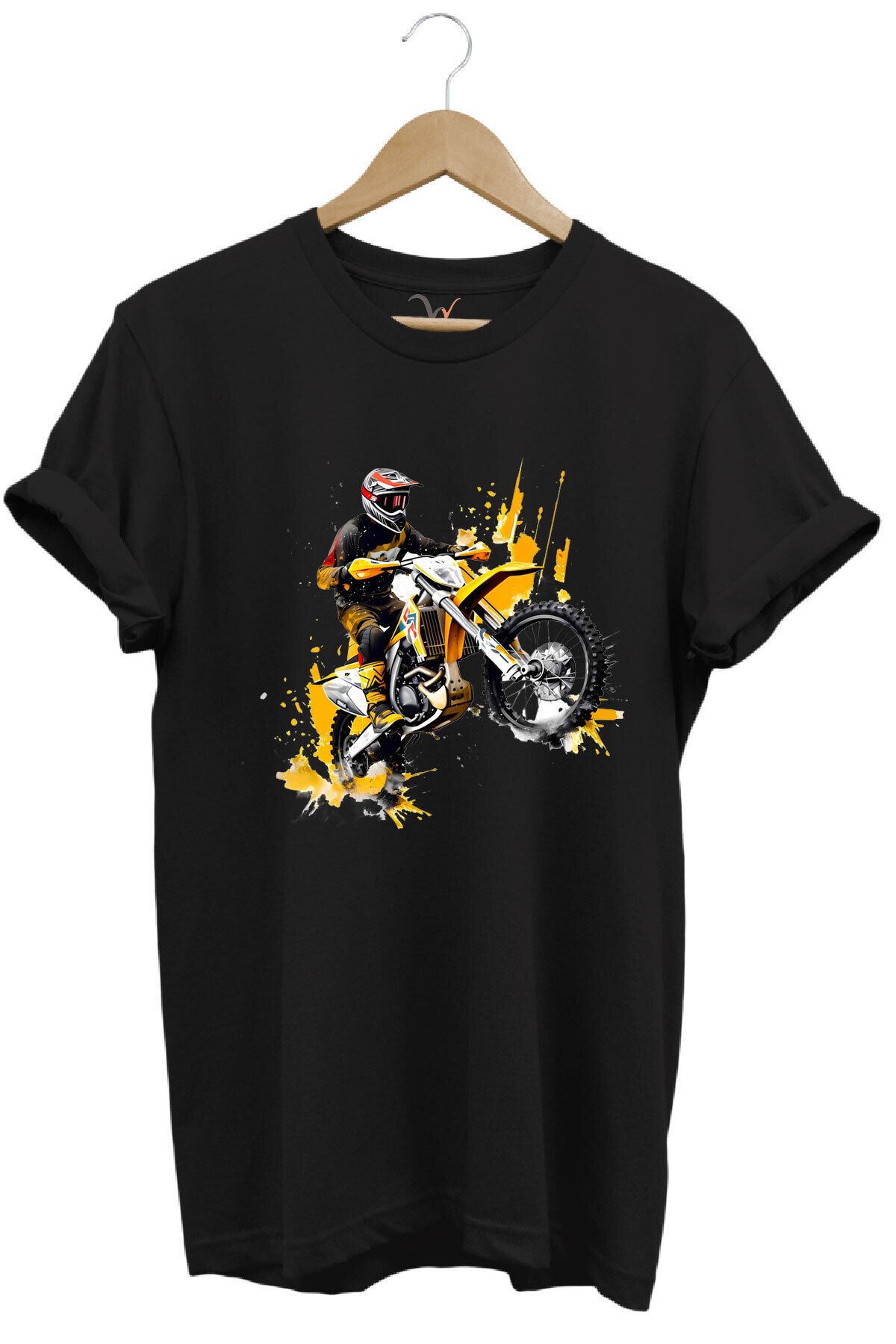 Motorcu Cross Motosiklet Baskılı Ön Kaldıran Motorcu %100 Pamuk Regular Fit Bisiklet Yaka T-Shirt Siyah - S