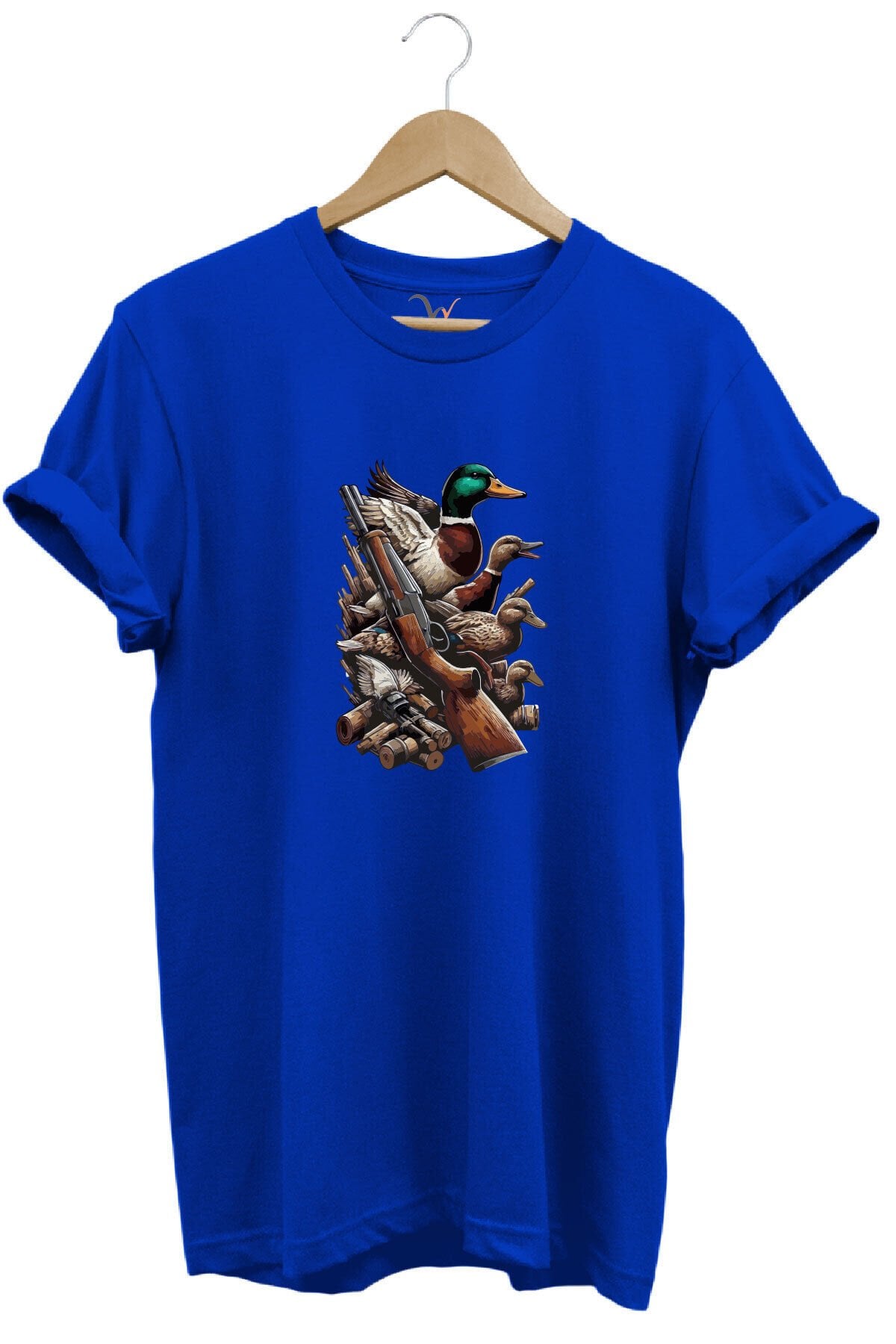 Widi Hunting Avcılık Baskılı Ördek Avı ve Tüfek Baskılı %100 Pamuk Regular Fit Bisiklet Yaka T-Shirt