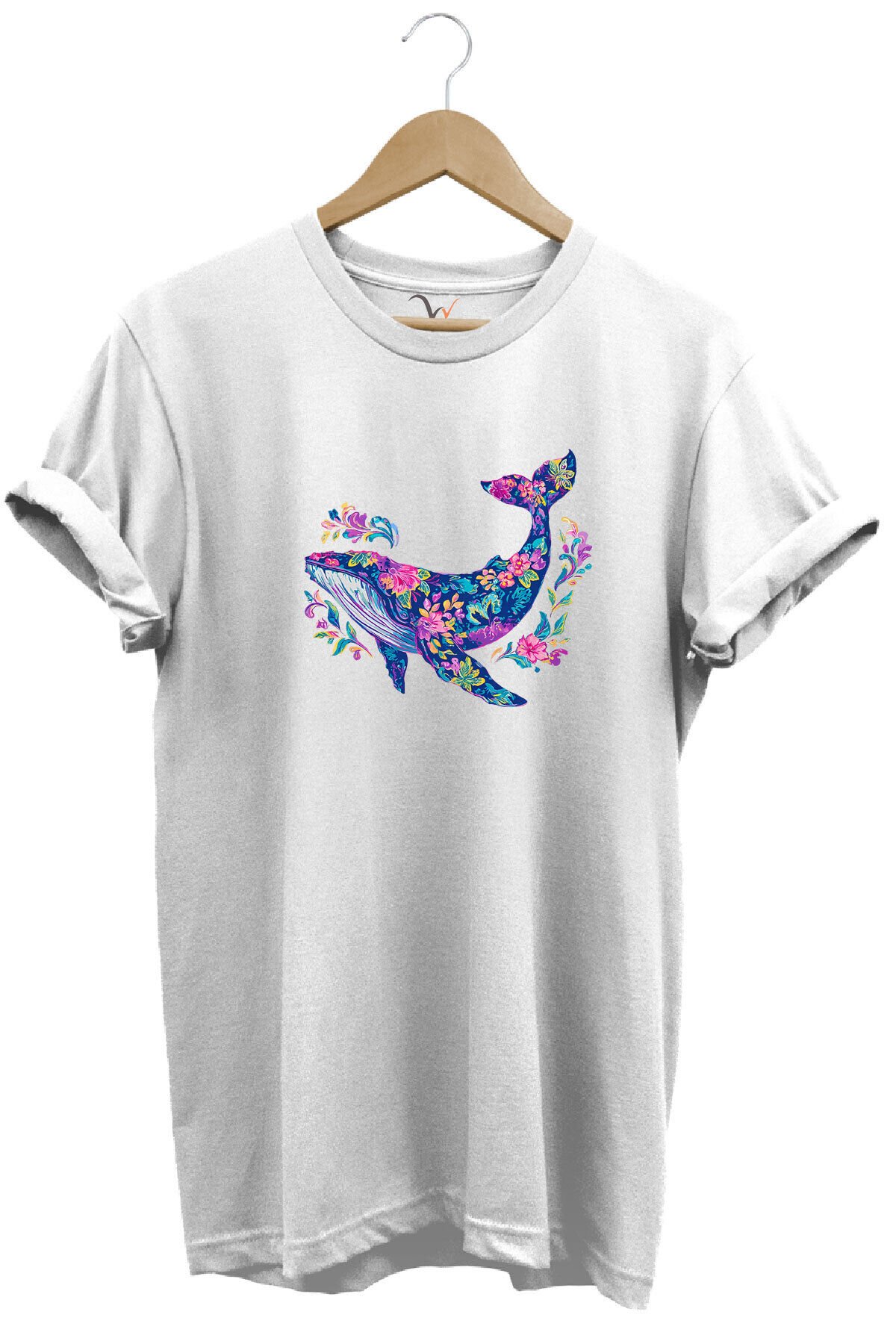 Renkli Balık Balina Desenli Baskılı %100 Pamuk Regular Fit Unisex T-Shirt Beyaz - L