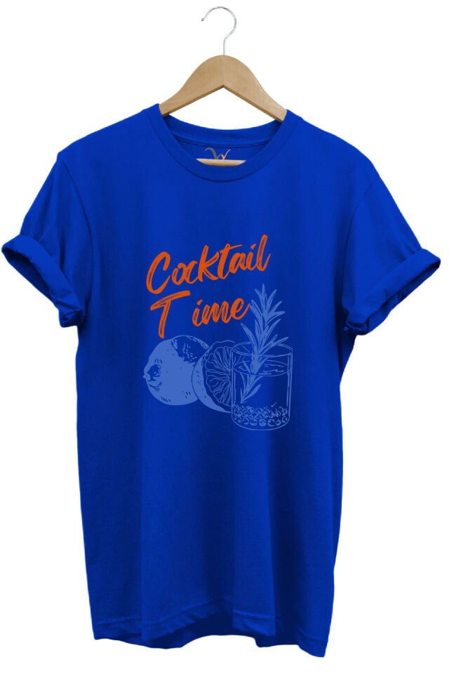 Cocktail Time Tasarım Baskılı Y2K Old Money %100 Pamuk Regular Fit Bisiklet Yaka Premium T-Shirt Mavi - XL