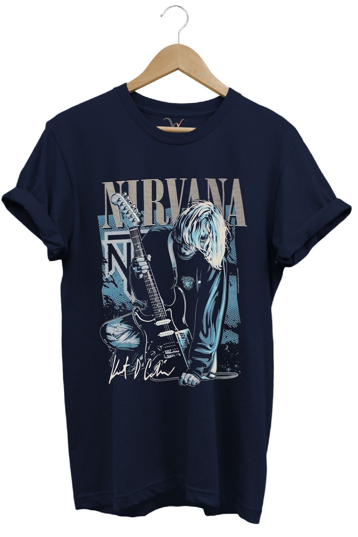 Nirvana Rock Müzik Grubu Poster Baskılı Şık %100 Pamuk Yazlık Lacivert T-shirt