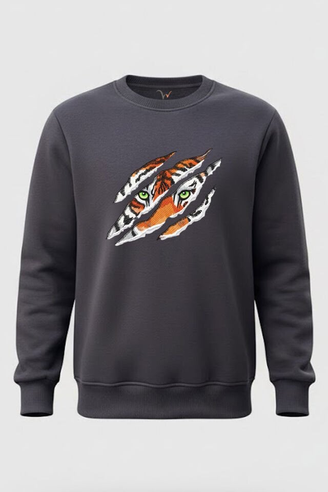 Pençe İzi Tasarımlı Kaplan Desen Baskılı %100 Pamuk Regular Fit Bisiklet Yaka 3 İplik Sweatshirt