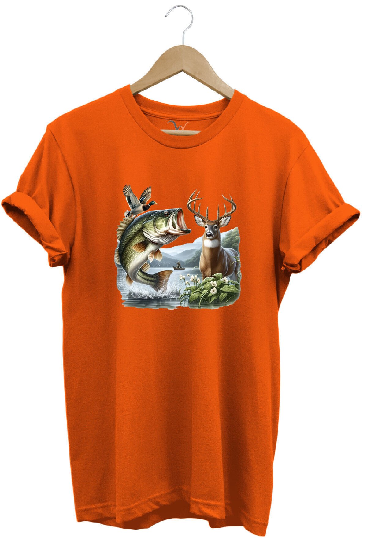 Balıkçılık ve Avcılık Temalı Geyik, Ördek ve Turna Balığı Baskılı %100 Pamuk Regular Fit T-Shirt Turuncu - L