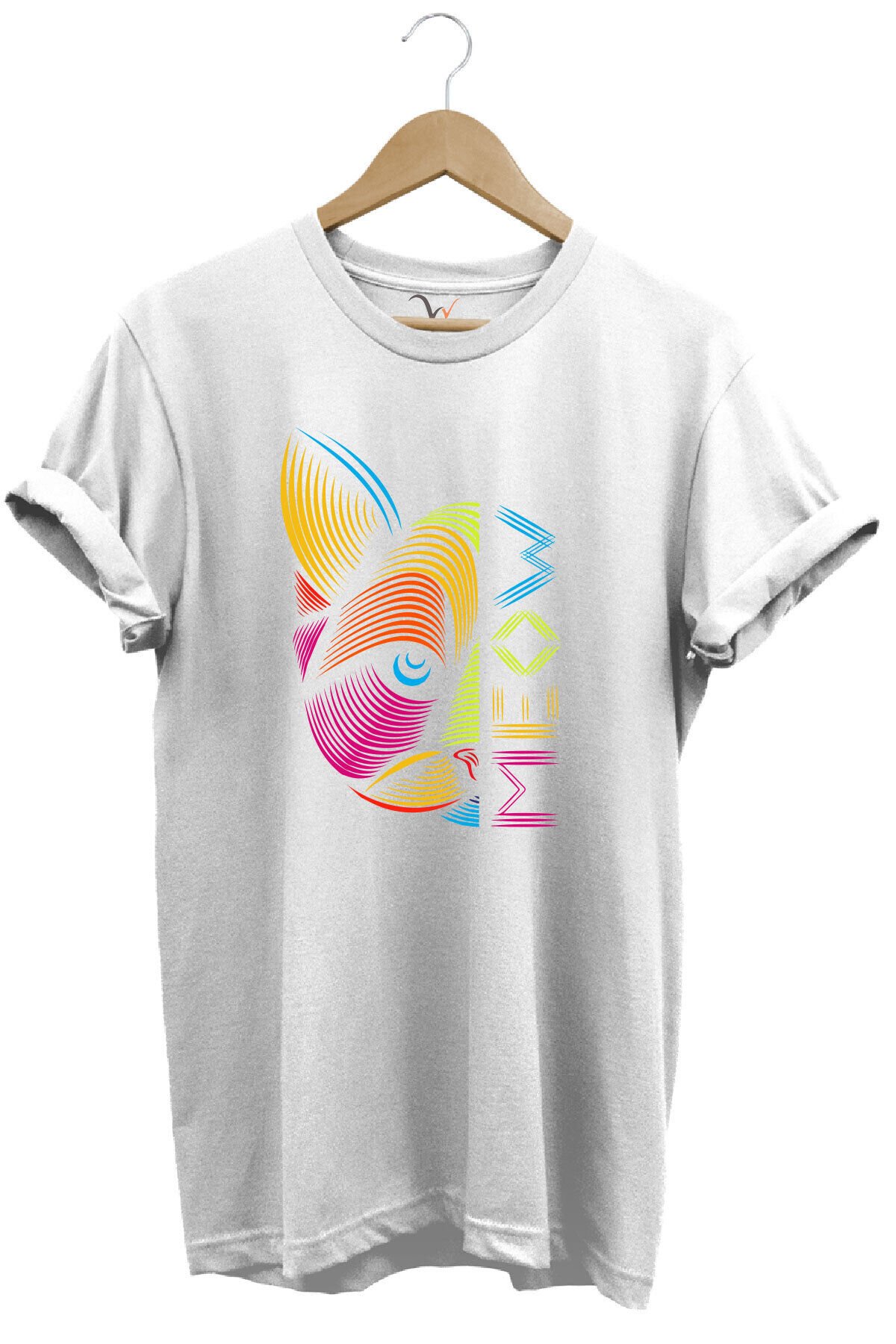 MEOW Renkli Geometrik Kedi Baskılı %100 Pamuk Unisex Regular Fit T-Shirt Beyaz - S
