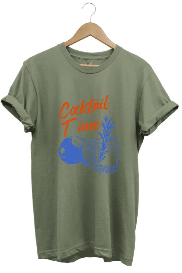 Cocktail Time Tasarım Baskılı Y2K Old Money %100 Pamuk Regular Fit Bisiklet Yaka Premium T-Shirt Haki - 2XL