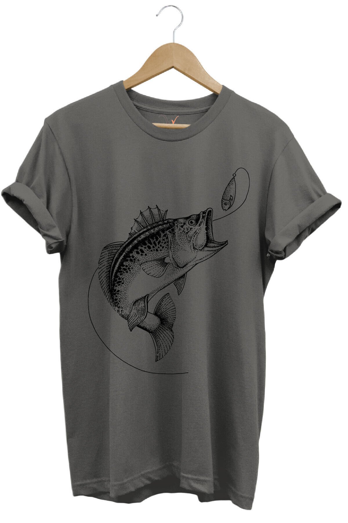 Fishing Balıkçılık Baskılı Yem Balıkçılığı Olta %100 Pamuk Bisiklet Yaka Turuncu T-shirt Gri - L