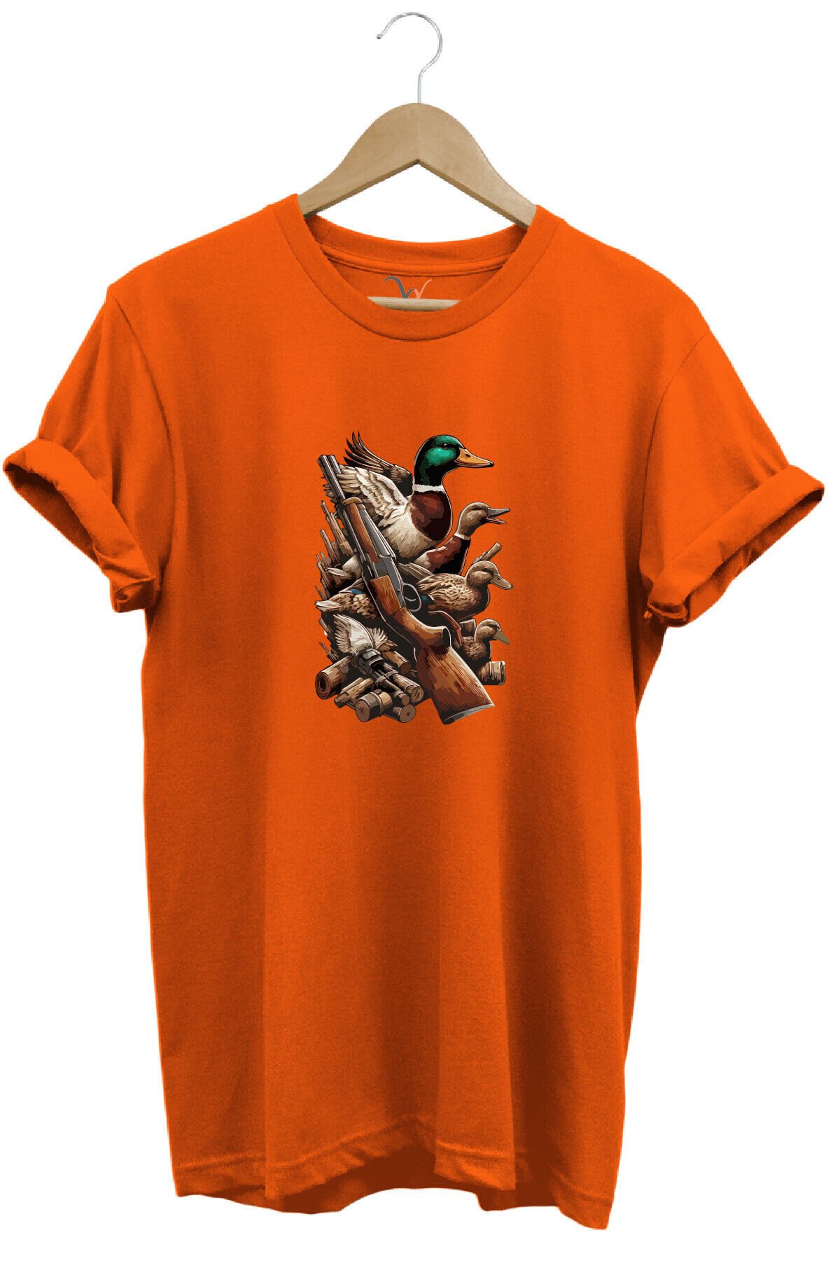 Widi Hunting Avcılık Baskılı Ördek Avı ve Tüfek Baskılı %100 Pamuk Regular Fit Bisiklet Yaka T-Shirt Turuncu - L