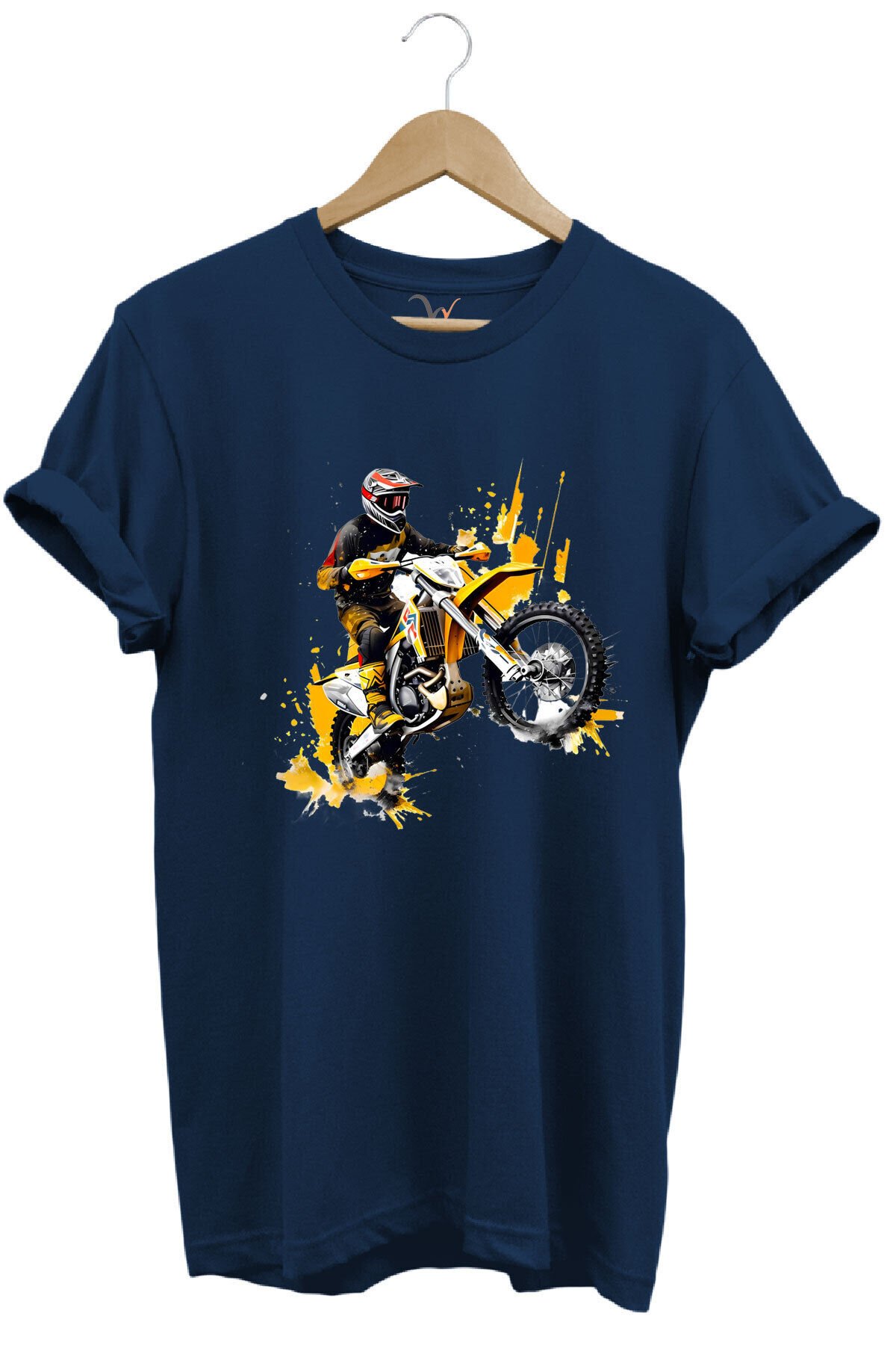 Motorcu Cross Motosiklet Baskılı Ön Kaldıran Motorcu %100 Pamuk Regular Fit Bisiklet Yaka T-Shirt Lacivert - 4XL