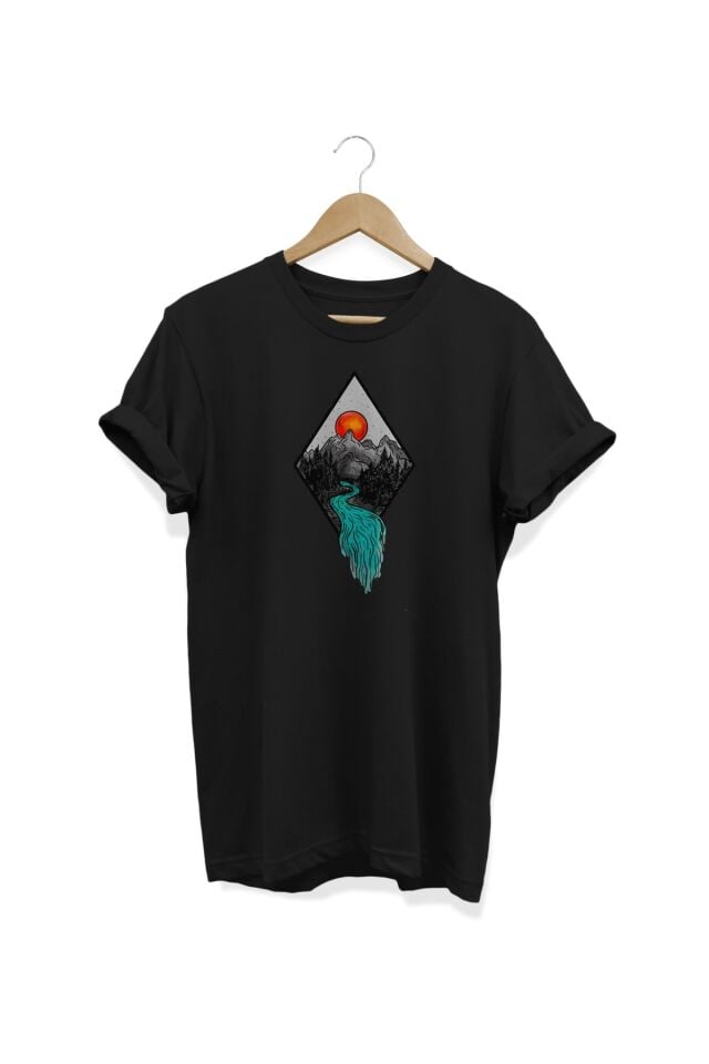 Dere Baskılı Siyah T-shirt