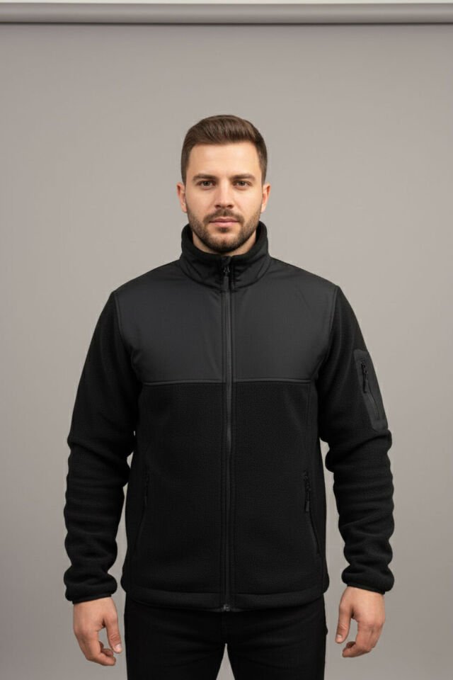 Dik Yaka Garnili Siyah Softshell Polar Ceket Siyah - 3XL