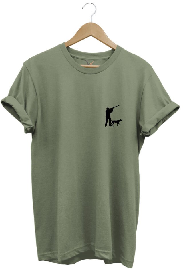 Hunting Avcılık Minimal Av Köpeği ve Avcı Baskılı %100 Pamuk Regular Fit Unisex T-Shirt Haki - XL