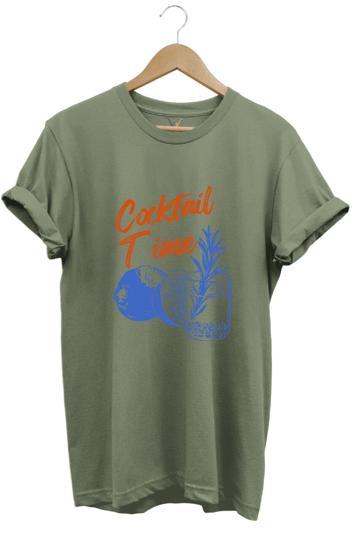 Cocktail Time Tasarım Baskılı Y2K Old Money %100 Pamuk Regular Fit Bisiklet Yaka Premium T-Shirt Haki - M