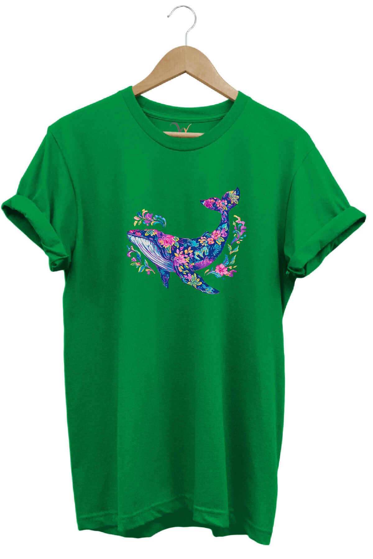Renkli Balık Balina Desenli Baskılı %100 Pamuk Regular Fit Unisex T-Shirt Yeşil - L