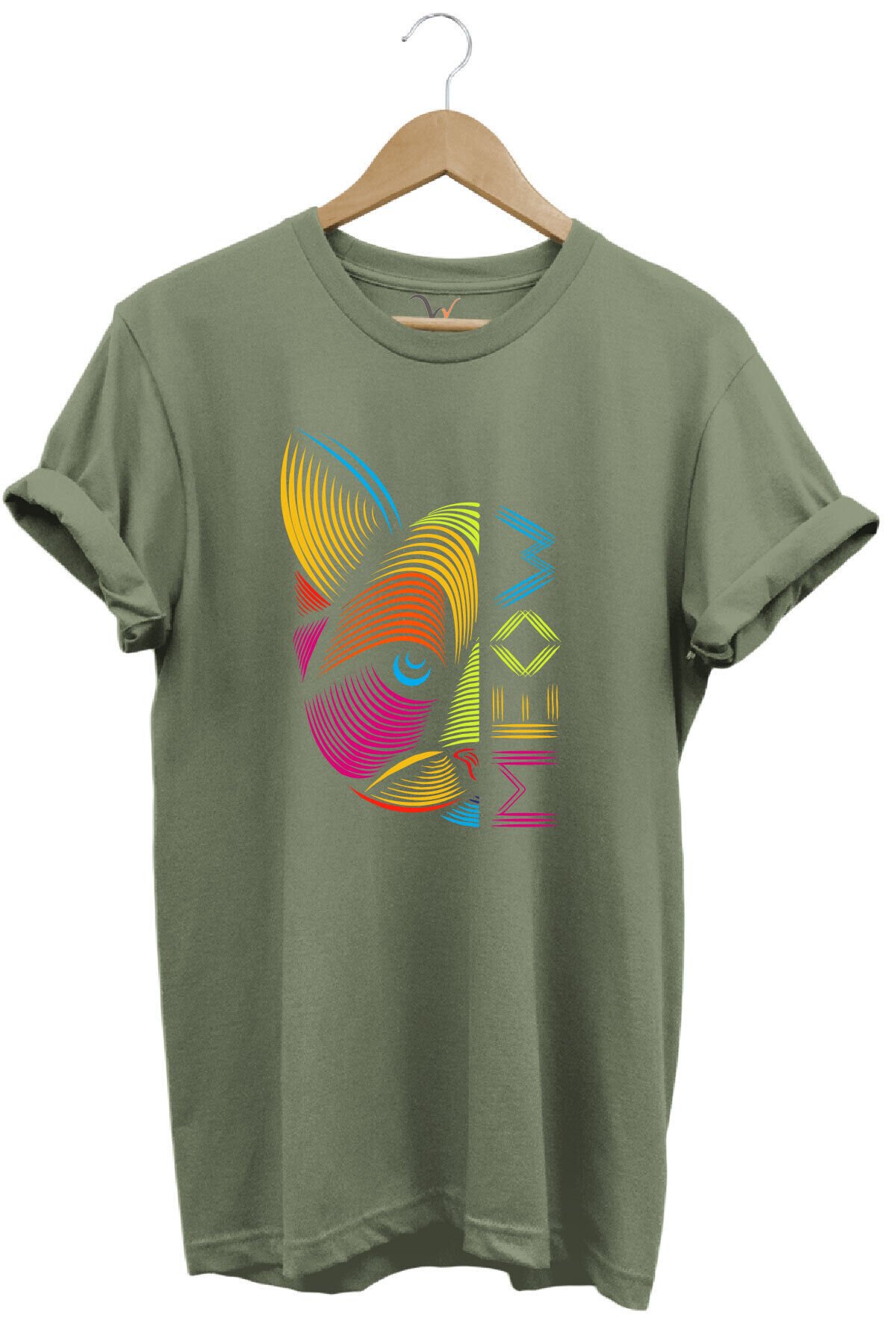 MEOW Renkli Geometrik Kedi Baskılı %100 Pamuk Unisex Regular Fit T-Shirt Haki - L