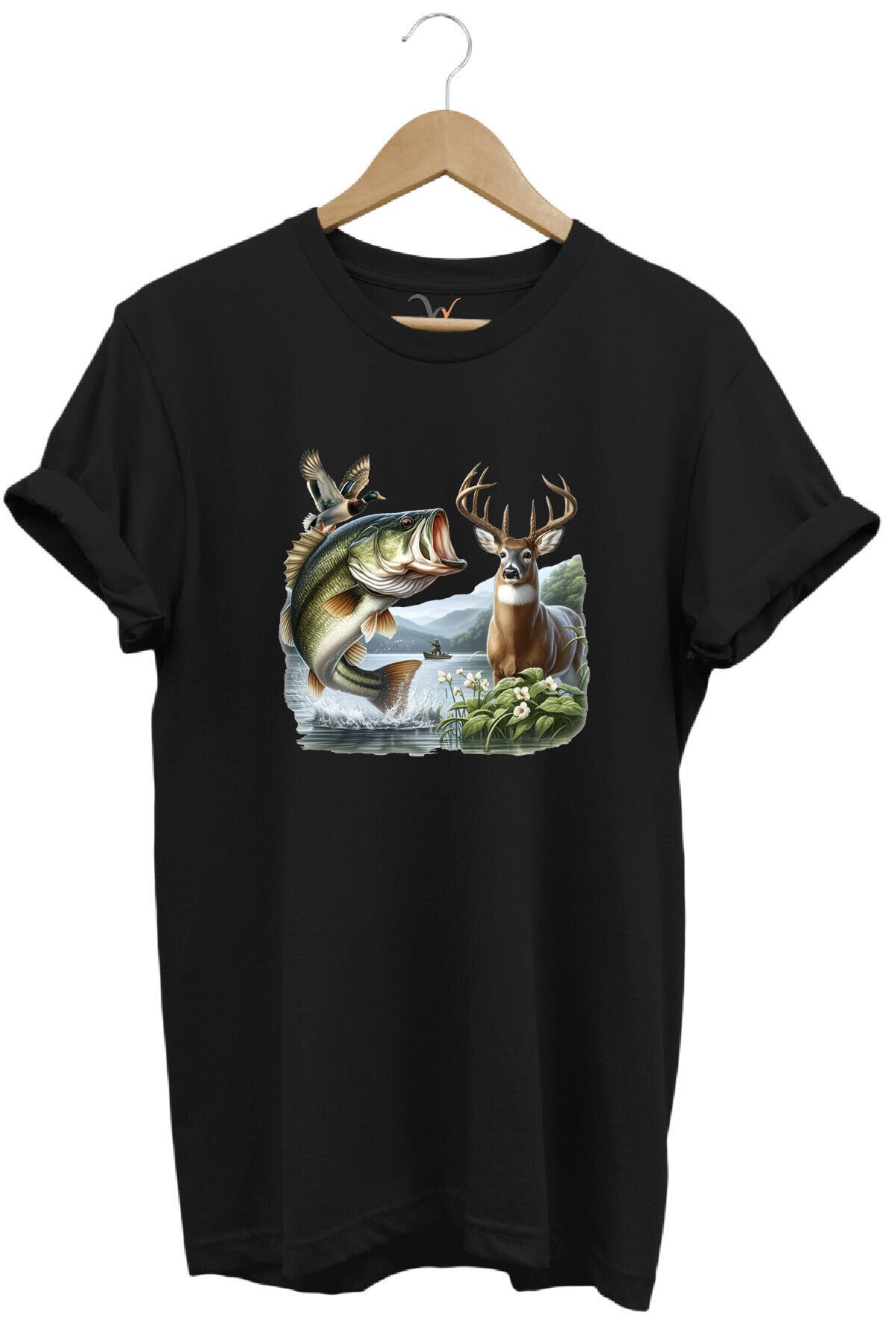 Balıkçılık ve Avcılık Temalı Geyik, Ördek ve Turna Balığı Baskılı %100 Pamuk Regular Fit T-Shirt Siyah - 2XL