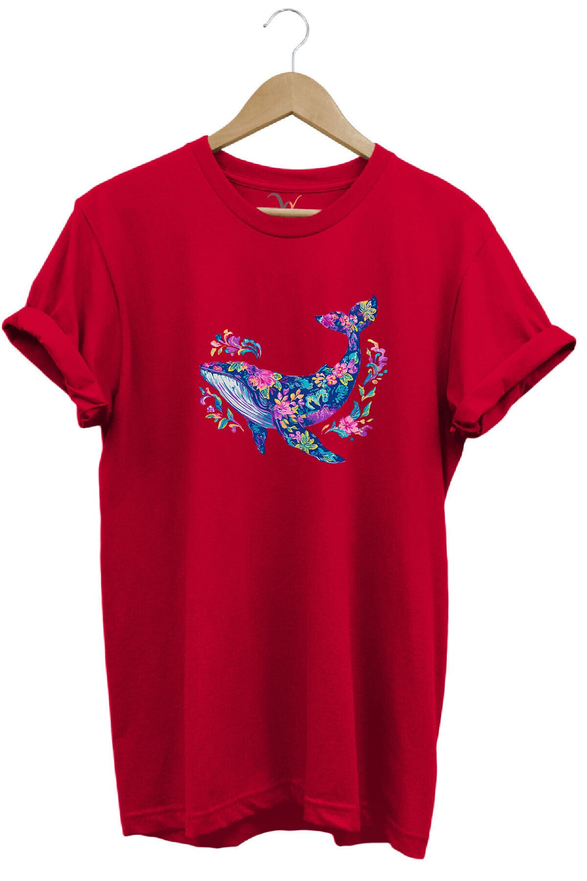 Renkli Balık Balina Desenli Baskılı %100 Pamuk Regular Fit Unisex T-Shirt Kırmızı - S