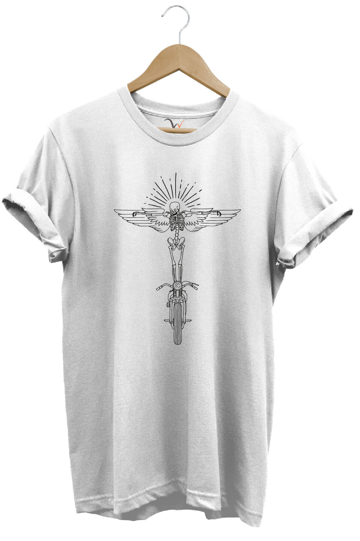 Motorcu Kanat Ve Iskelet Çizgisel Tasarım Baskılı %100 Pamuk Regular Fit Premium Beyaz T-shirt Beyaz - 3XL