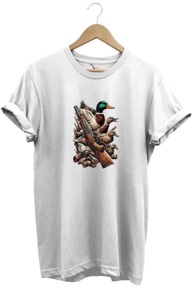 Widi Hunting Avcılık Baskılı Ördek Avı ve Tüfek Baskılı %100 Pamuk Regular Fit Bisiklet Yaka T-Shirt Beyaz - L