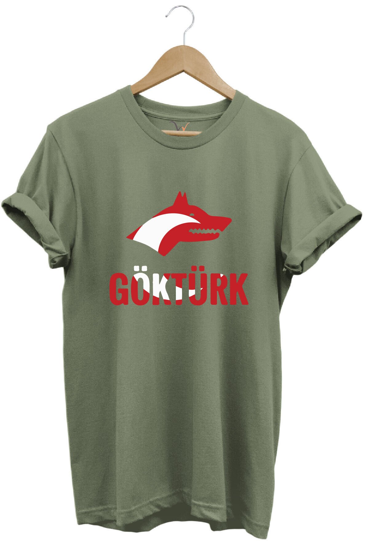 TÜRKİYE TÜRKÇÜ BOZKURT BASKILI AY YILDIZ KIRMIZI BEYAZ KURT VE GÖKTÜRK YAZISI Regular Fit T-Shirt Haki Yeşil - L