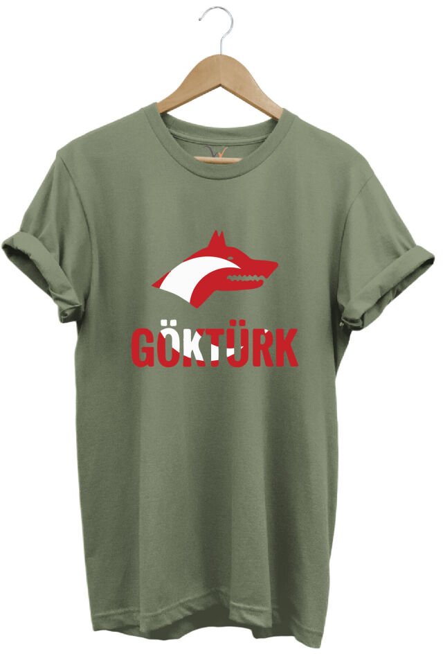 TÜRKİYE TÜRKÇÜ BOZKURT BASKILI AY YILDIZ KIRMIZI BEYAZ KURT VE GÖKTÜRK YAZISI Regular Fit T-Shirt Haki Yeşil - L