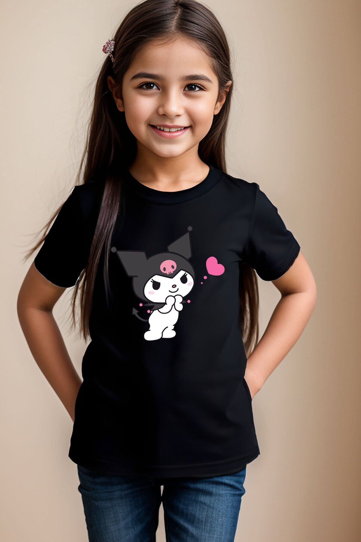 Sevimli Kuromi Baskılı %100 Pamuk Erkek Çocuk Kız Çocuk Yüksek Kaliteli Premium Beyaz T-shirt Siyah - 7-8 Yaş