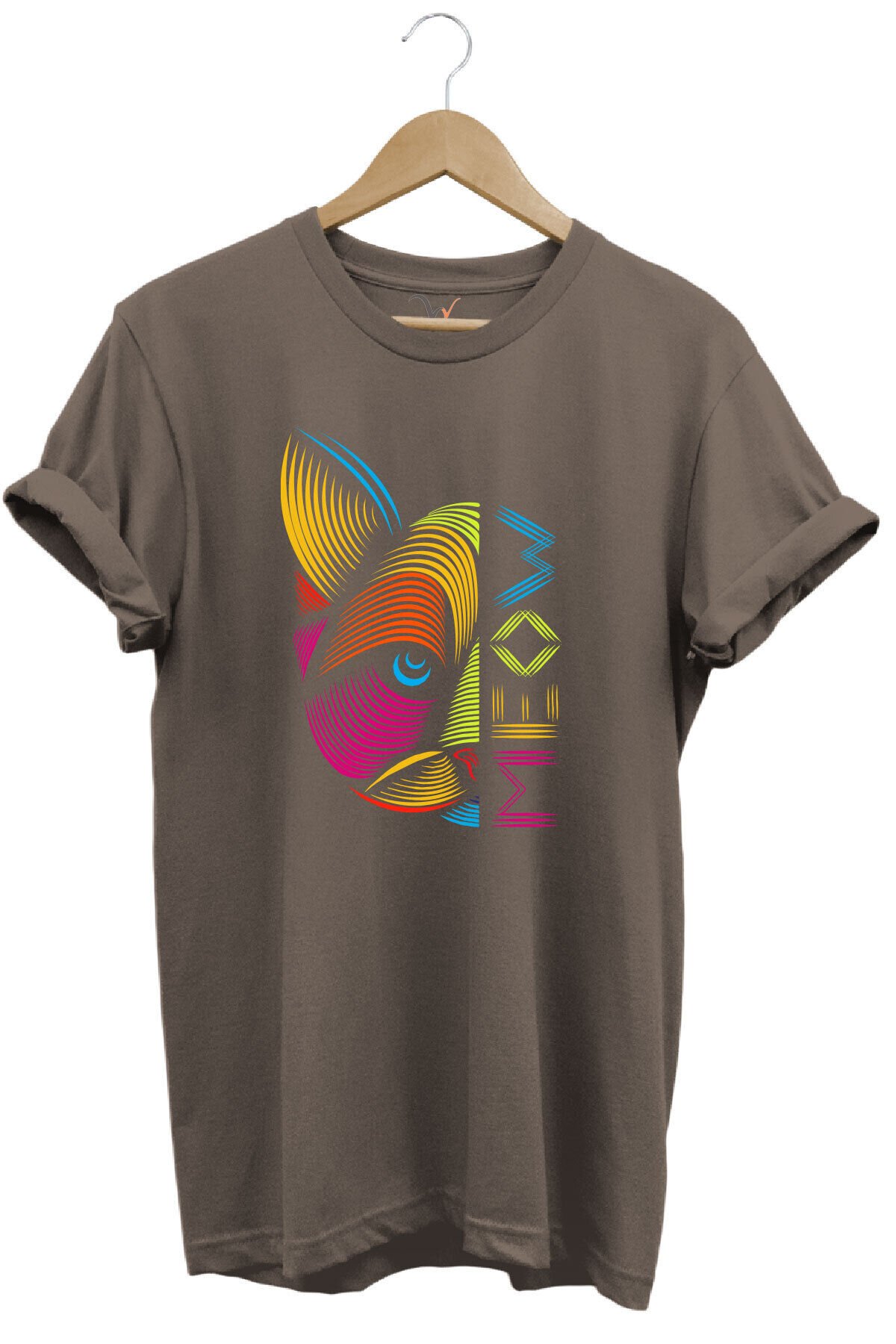 MEOW Renkli Geometrik Kedi Baskılı %100 Pamuk Unisex Regular Fit T-Shirt Kahverengi - L